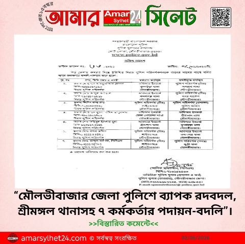 “মৌলভীবাজার জেলা পুলিশে ব্যাপক রদবদল, শ্রীমঙ্গল থানাসহ ৭ কর্মকর্তার পদায়ন-বদলি”